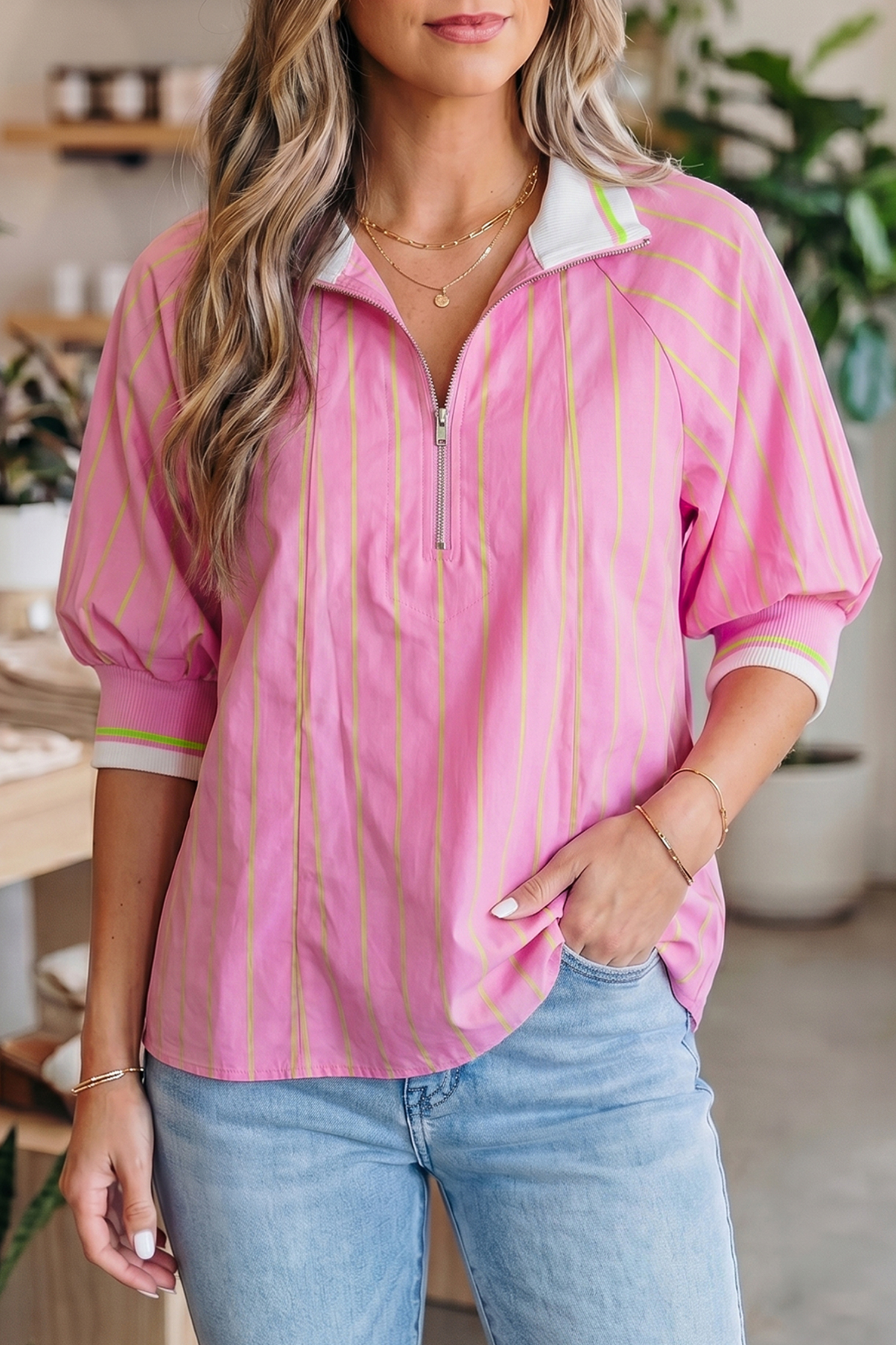 Pink Stripe Striped V-Neck Half Sleeve Zipper Ribbed Cuff Casual Shift Blouse