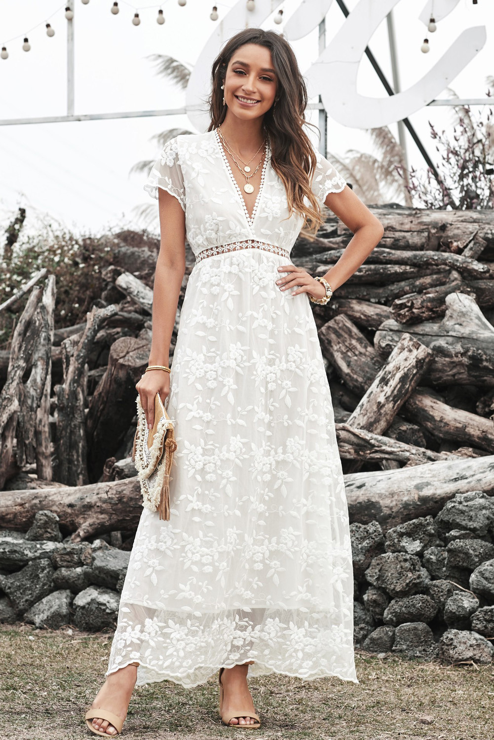 White V Neck Lace Maxi Dress