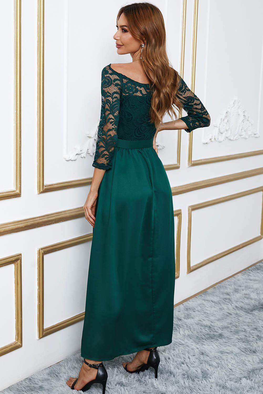 Green Off Shoulder Lace Bodice High Waist Maxi Skirt Evening Dress