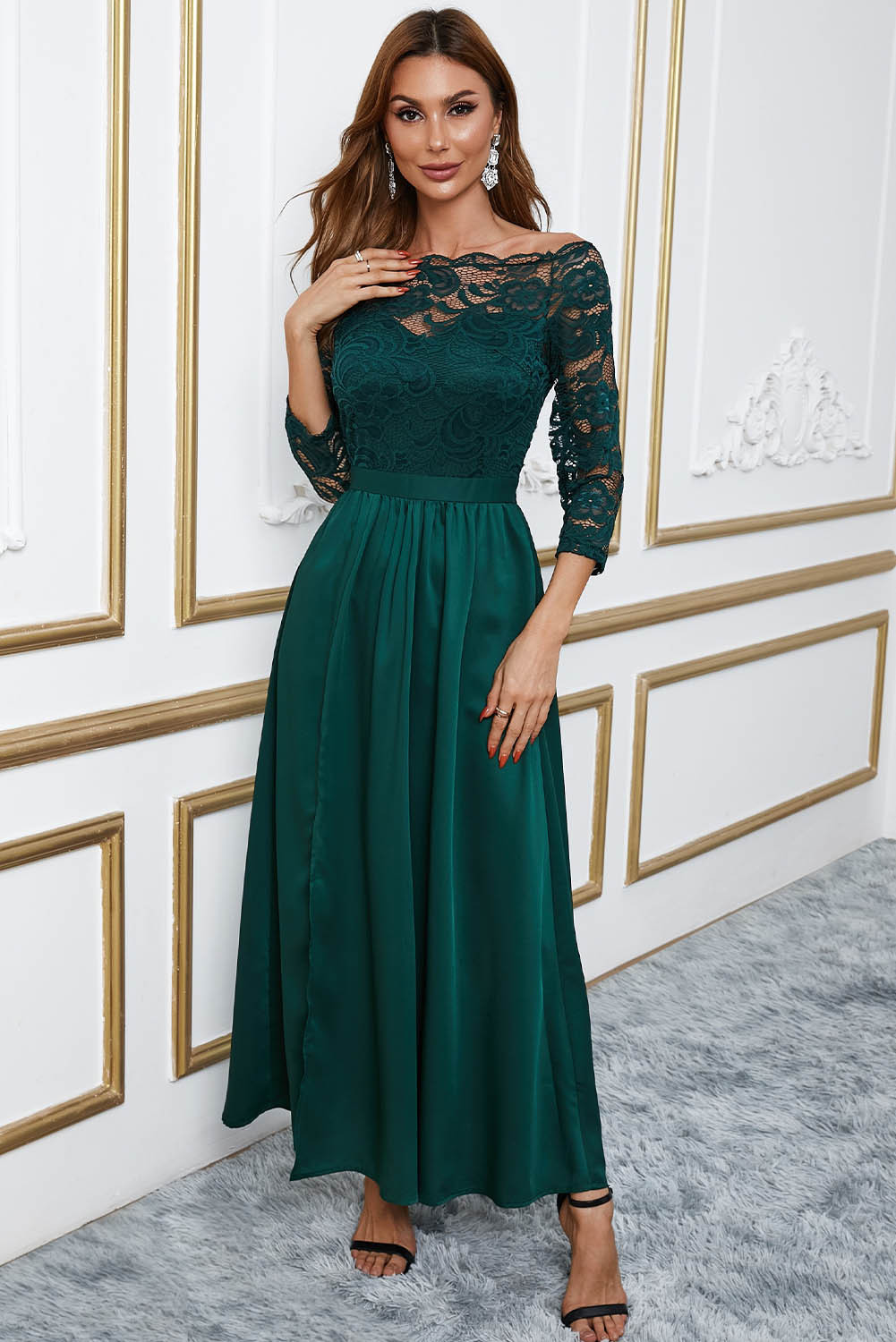 Green Off Shoulder Lace Bodice High Waist Maxi Skirt Evening Dress