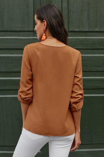 Orange Button Detail Roll Up Sleeve Blouse