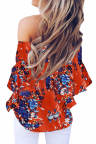 Orange Off Shoulder Floral Tie Front High Low Chiffon Blouse