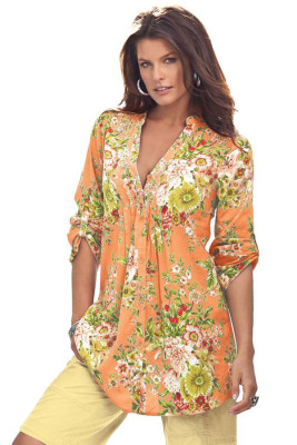 Mustard V Neck Pleat Button Front Floral Tunic Top