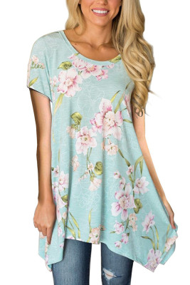 Light Blue Floral Irregular Hem Short Sleeve Tunic