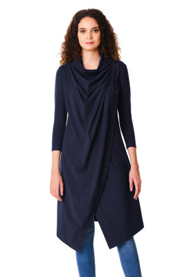 Navy Blue Cowl Neck Asymmetric Wrap Long Tunic