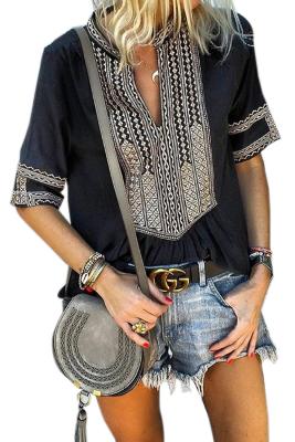 Black Elbow Length Sleeves Front Embroidery Blouse