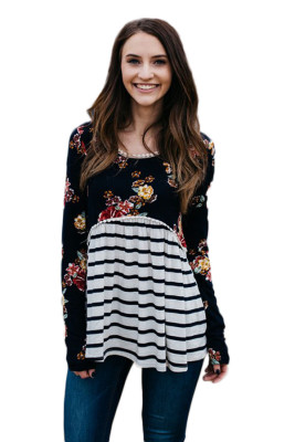 Black Floral Striped Babydoll Tunic
