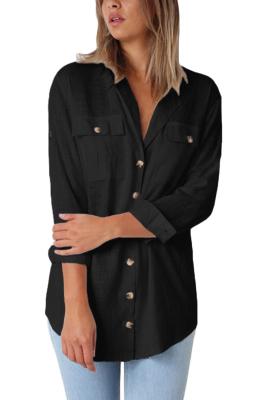Black Buttoned Pockets Shawl Collar Linen Blouse