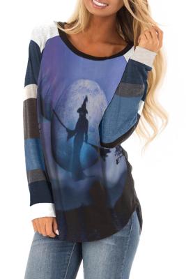 Blue Halloween Theme Long Sleeve Pullover Top