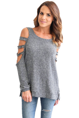 Grey Cold Shoulder Hollow Out Long Sleeve Top