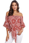 Red Bohemian Floral Print Off The Shoulder Blouse