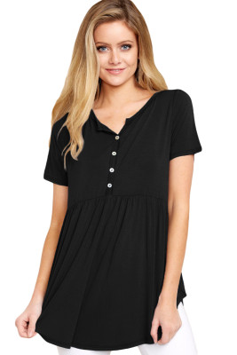 Black Button Front Babydoll Flowy Tee Top with Pleats