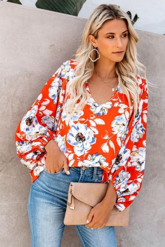 Orange Boho Print Balloon Sleeve Blouse