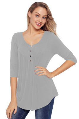 Grey 3/4 Sleeve Button Detail Pleated Tunic