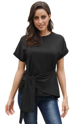 Black Wrap Self Tie Waist Short Sleeve Top