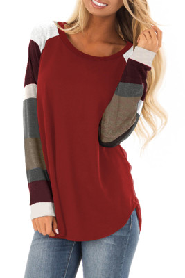 Color Block Long Sleeves Burgundy Pullover Top