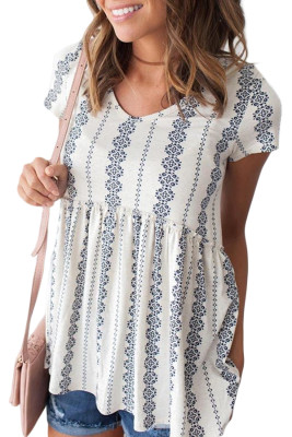 White Short Sleeve V Neck Floral Print Peplum Tunic Top