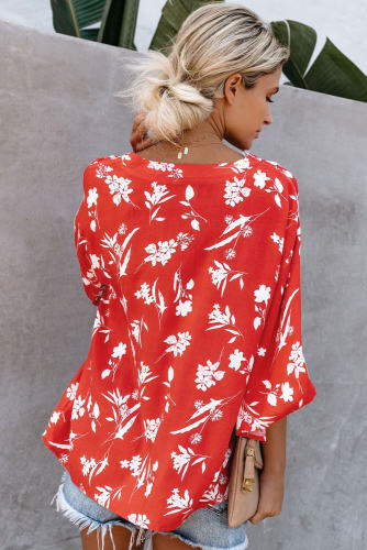 Red Floral Button Up Top
