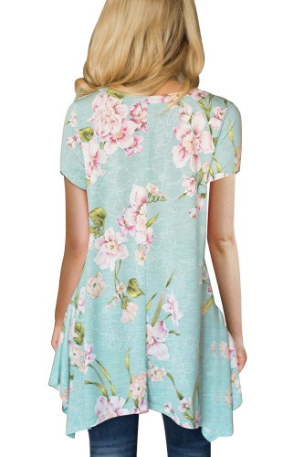 Light Blue Floral Irregular Hem Short Sleeve Tunic