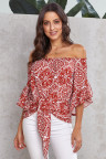 Red Bohemian Floral Print Off The Shoulder Blouse