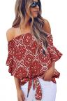 Red Bohemian Floral Print Off The Shoulder Blouse