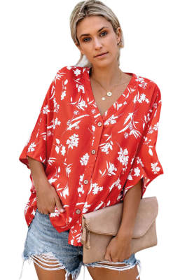 Red Floral Button Up Top