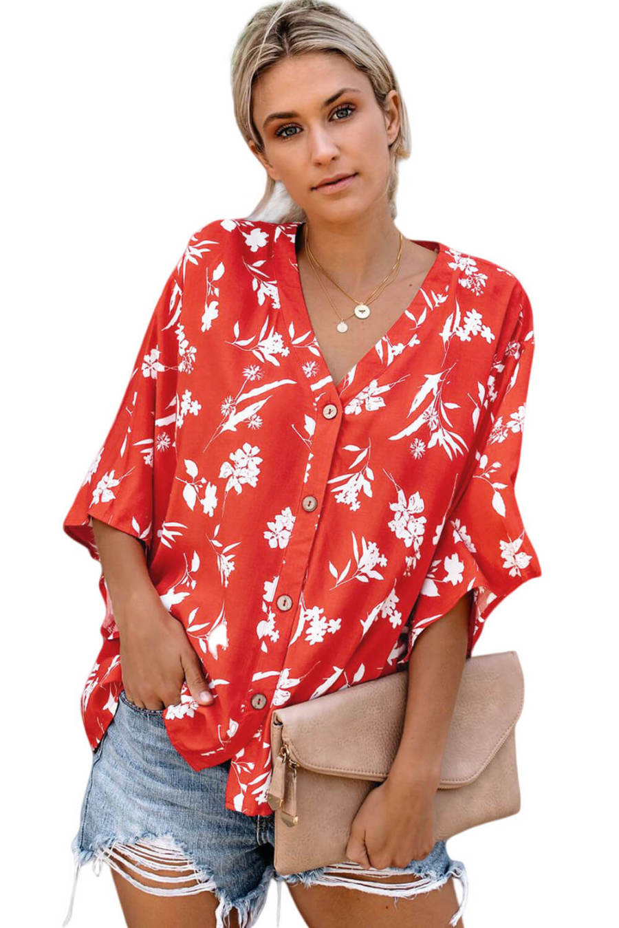 Red Floral Button Up Top