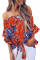 Orange Off Shoulder Floral Tie Front High Low Chiffon Blouse