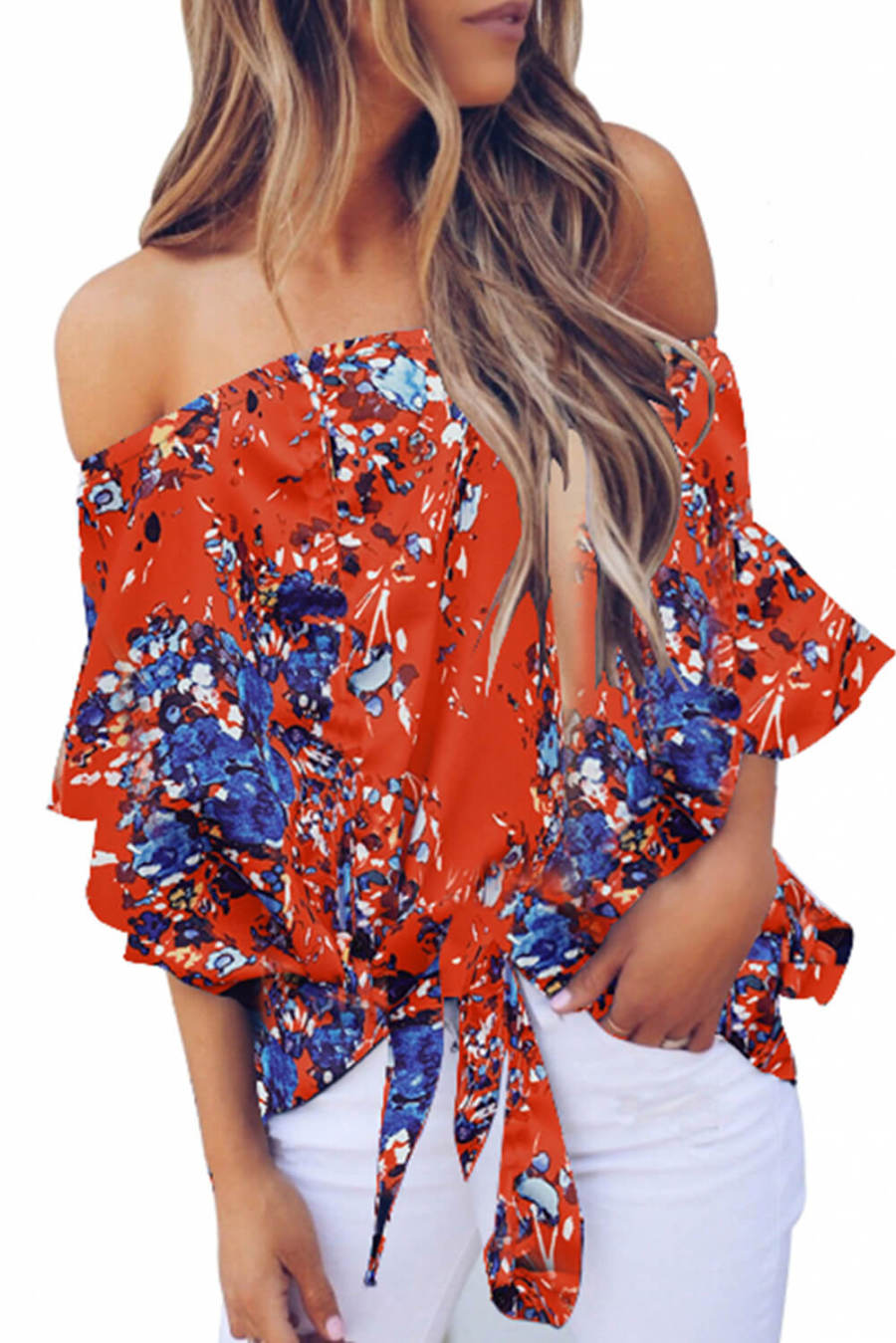 Orange Off Shoulder Floral Tie Front High Low Chiffon Blouse