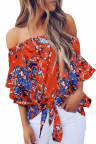 Orange Off Shoulder Floral Tie Front High Low Chiffon Blouse