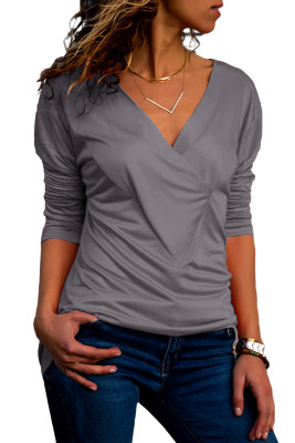 Gray Wrap V Neck Ruched Long Sleeve Top