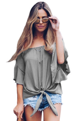 Gray Off The Shoulder Knot Front Top