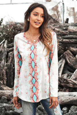 Pink Snakeskin Print V Neck Long Sleeve Top