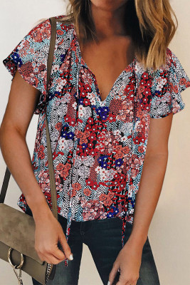 Blue V-neck Short Sleeve Fashion Print Fantasy Fluttering Blouse