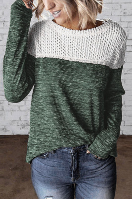 Green Colorblock Crochet Hollow Out Long Sleeve Top