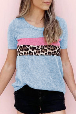 Blue Round Neck Leopard Patchwork Tee
