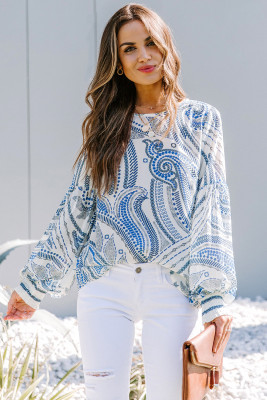 White Printed Lantern Sleeve Top