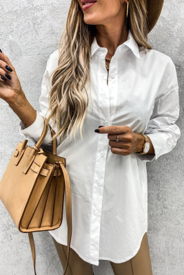 White Curved Hem Dropped Sleeve Button Closure Basic Blouse