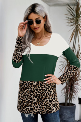 Green Colorblock Leopard Triple Patchwork Long Sleeve Top