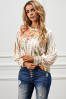 Apricot Crewneck Floral Printed Balloon Sleeves Blouse