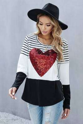 Black Heart Sequins Striped Long Sleeve Top