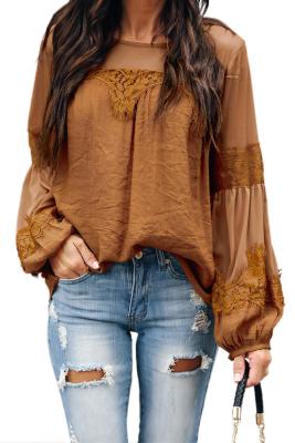 Yellow Fashion Lantern-Sleeve Lace Patchwork Top