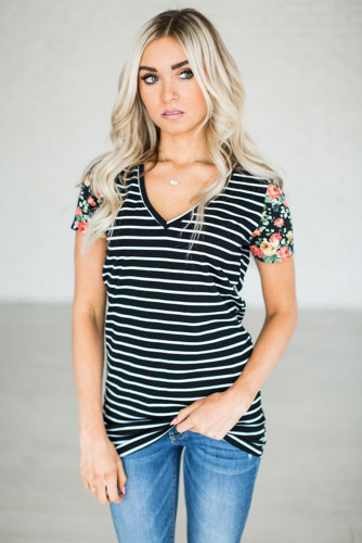 Floral Sleeves Striped T-shirt