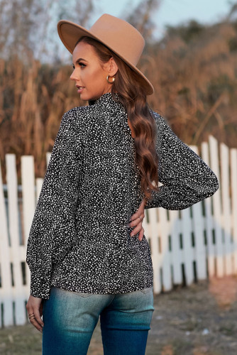 Black Mock Neck Lantern Sleeve Fashion Print Blouse
