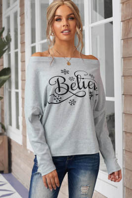 Off-the-shoulder Believe Snowflake Pattern Long Sleeve Top