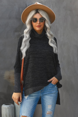 Black Turtleneck Bat Sleeve Side Slit Tunic Top