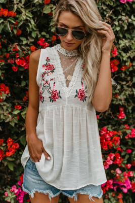 White Embroidered Crochet Babydoll Tank