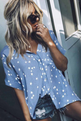 Sky Blue Stars Print Cuffed Sleeves Shirt