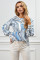 Sky Blue Crewneck Floral Printed Balloon Sleeves Blouse