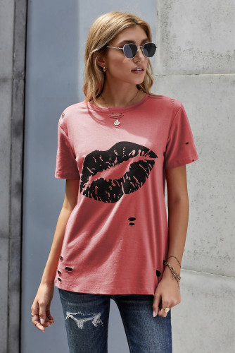Kiss The Lip Distressed Cotton Tee